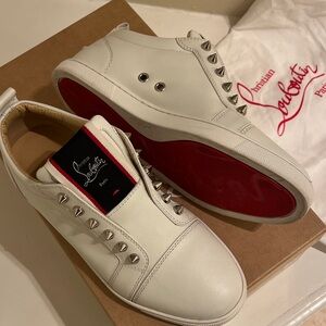 Christian Louboutin White and Silver Spiked Sneakers